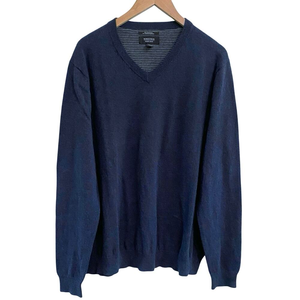 Nordstrom Men's Heather Blue Cotton Cashmere V-Neck Sweater XL